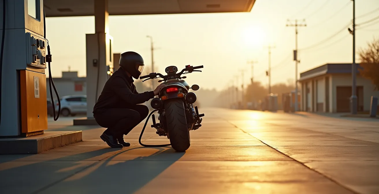 Motard vérifiant la pression de son pneu arrière dans une station-service