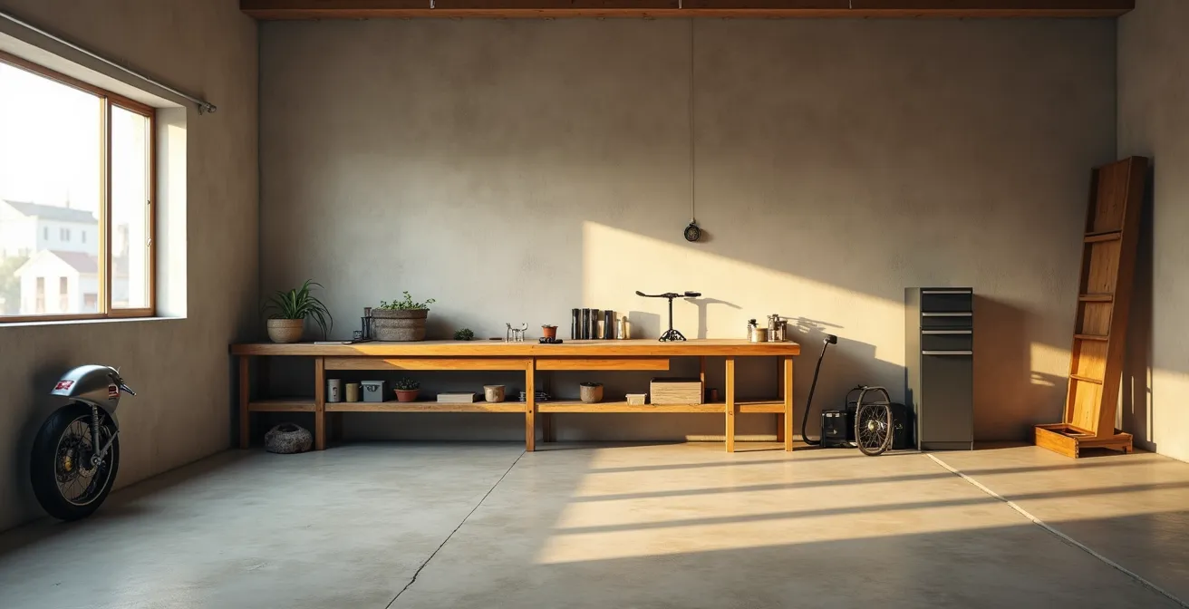 Espace garage épuré et zen avec outils de moto disposés harmonieusement dans une ambiance méditative